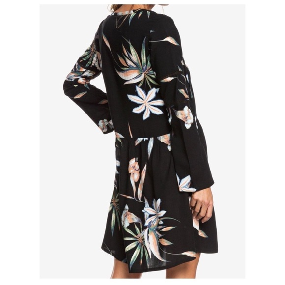 ROXY Floral Print Black Split Neck Shift Dress Boho XS - Picture 2 of 15